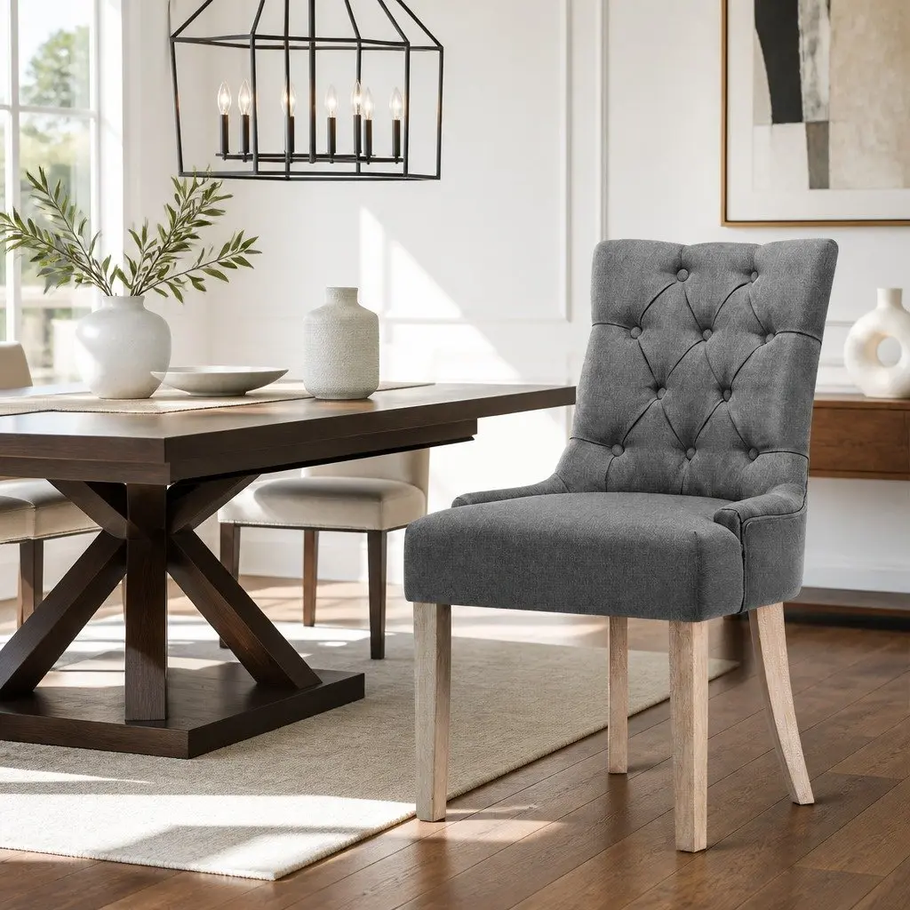 Dining Chairs Grey Linen Upholstered Tufted Button Set of 2