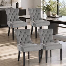 Dining Chairs Set of 4 Grey Velvet French Provincial Tufted Button Back