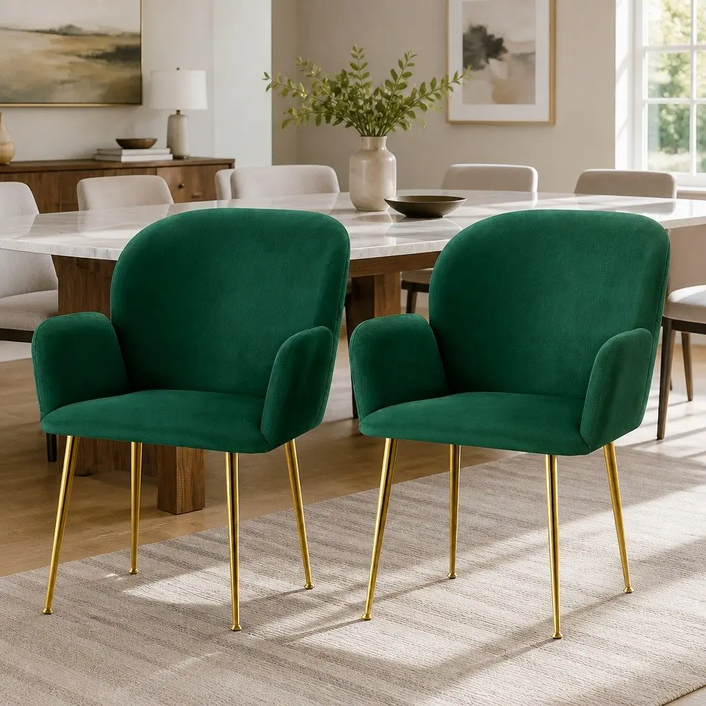 Dining Chairs Green Velvet Armchair Cushioned Back Support Steel Legs Set of 2