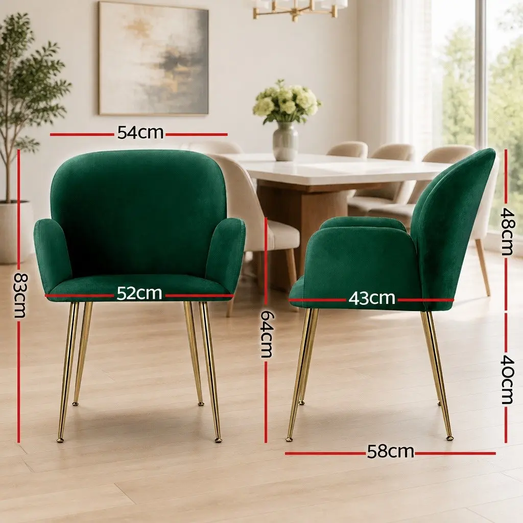 Dining Chairs Green Velvet Armchair Cushioned Back Support Steel Legs Set of 2