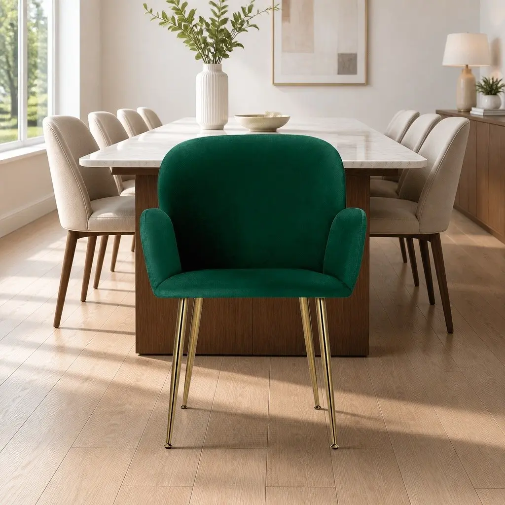 Dining Chairs Green Velvet Armchair Cushioned Back Support Steel Legs Set of 2