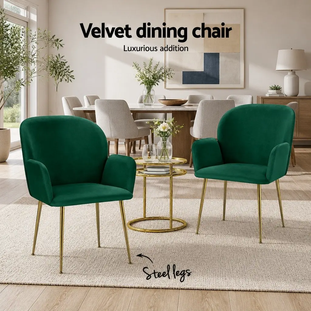 Dining Chairs Green Velvet Armchair Cushioned Back Support Steel Legs Set of 2