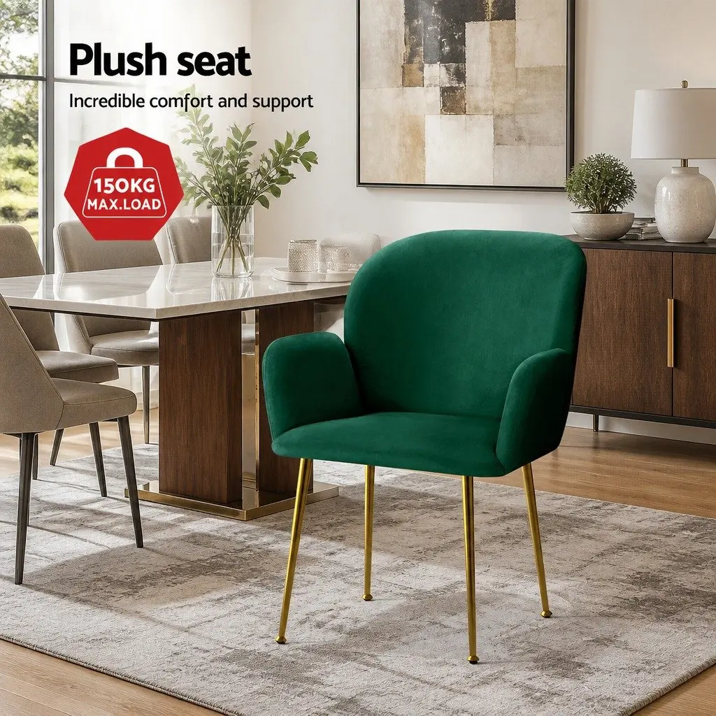 Dining Chairs Green Velvet Armchair Cushioned Back Support Steel Legs Set of 2