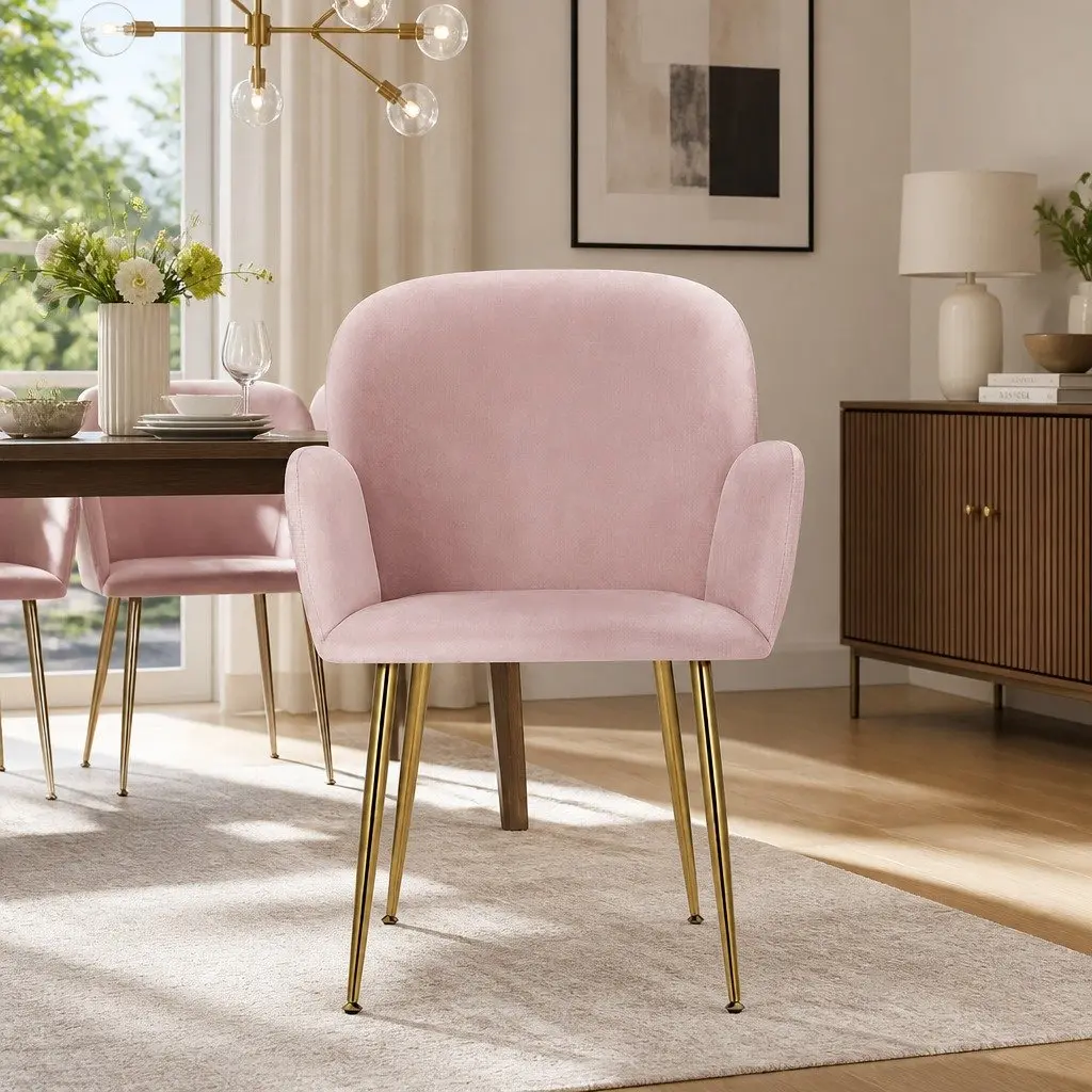 Dining Chairs Pink Velvet Set of 2 Armchair Cushioned Back Support