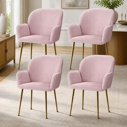Set of 4 Pink Velvet Chairs with Armrests – Compact Design