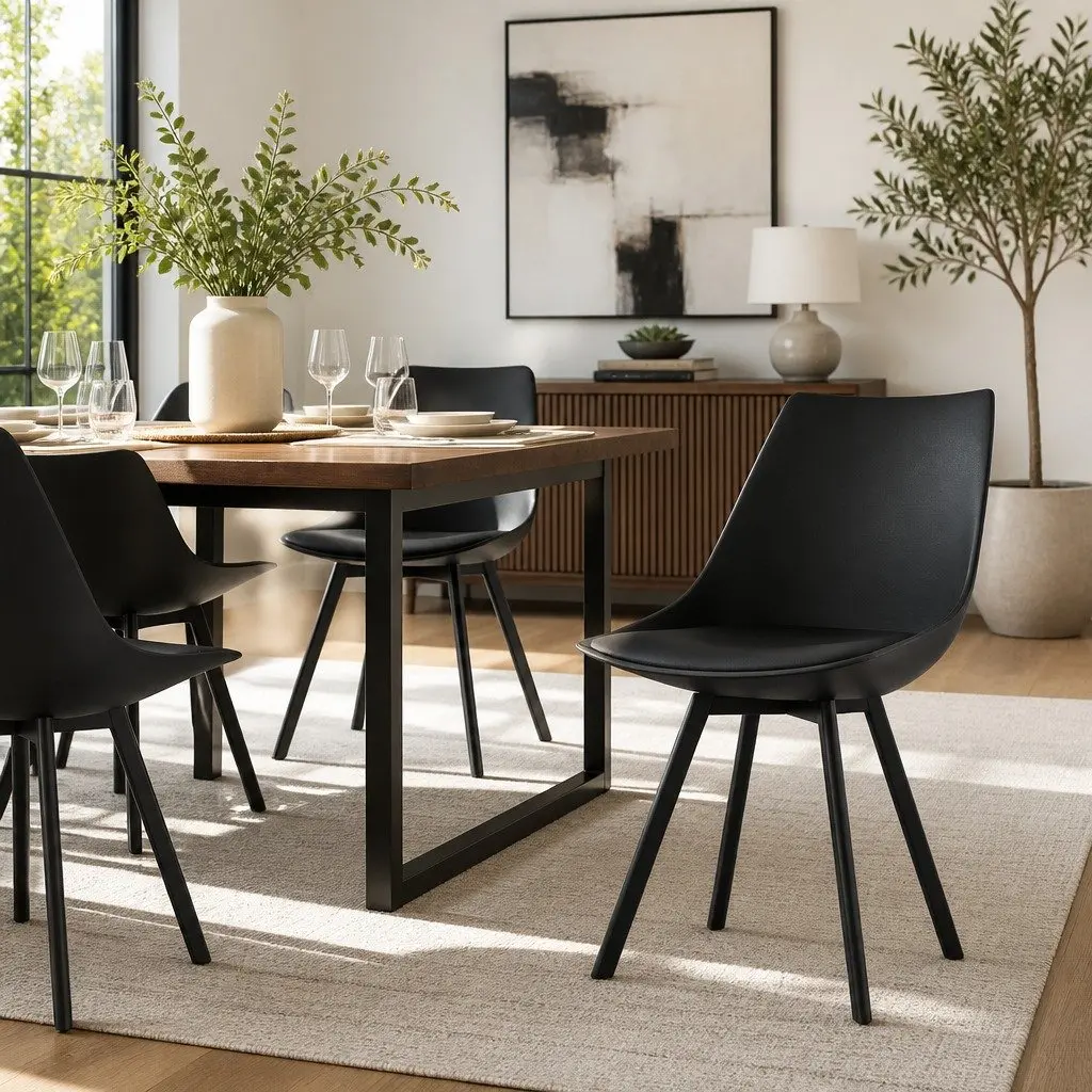 Dining Chairs Black Cushioned Seat Back Support Steel Legs Modern 2 Piece