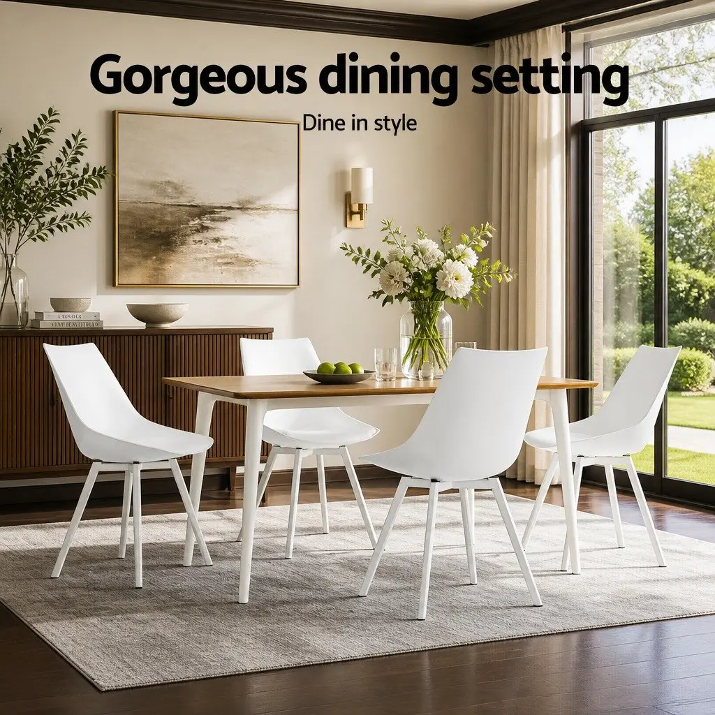 Dining Chairs Set of 2 White Plastic Steel Legs Cushioned Back Support Modern