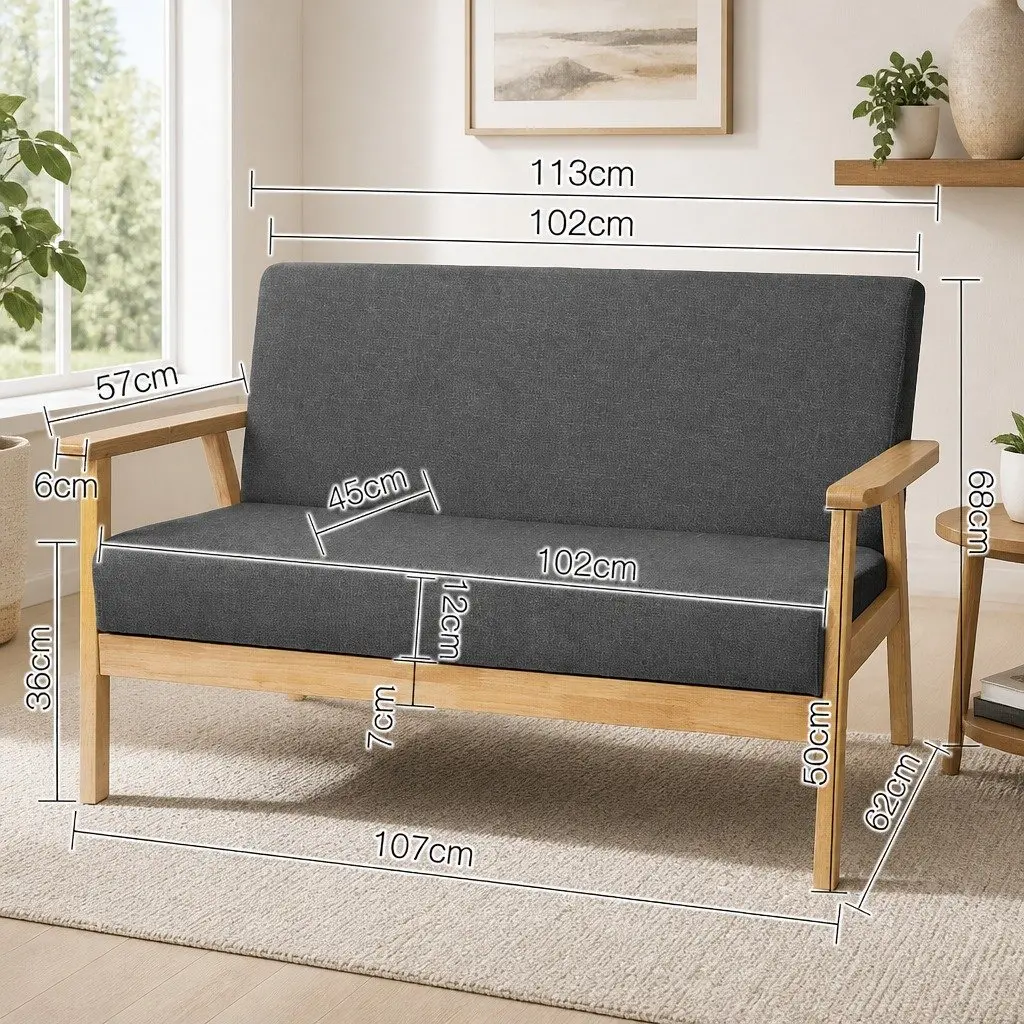 2-Seater Sofa Armchair Grey Scandinavian-Inspired Living Room Furniture Faux
