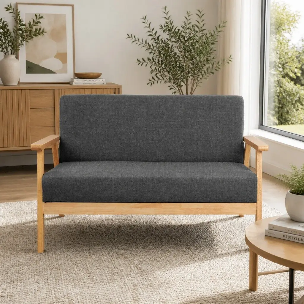 2-Seater Sofa Armchair Grey Scandinavian-Inspired Living Room Furniture Faux