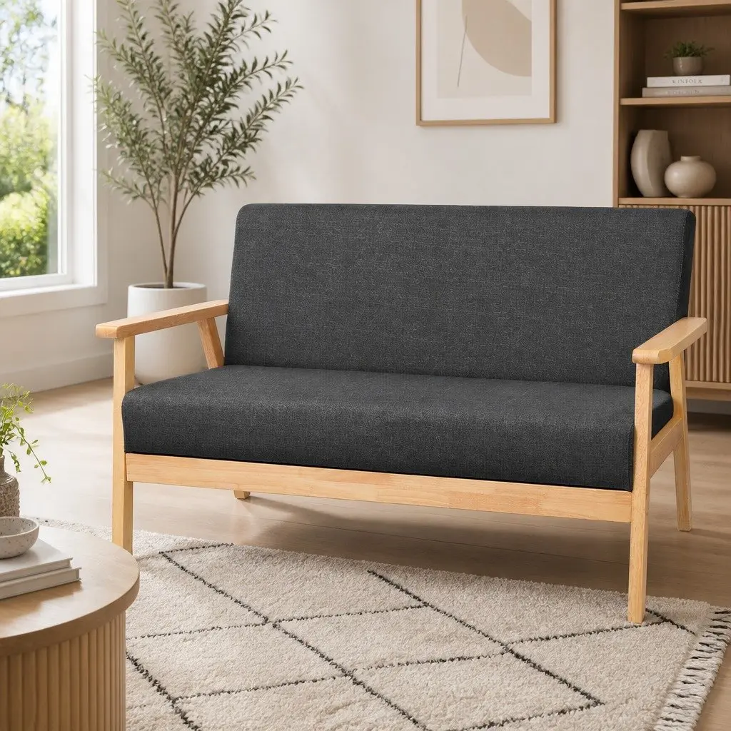 2-Seater Sofa Armchair Grey Scandinavian-Inspired Living Room Furniture Faux
