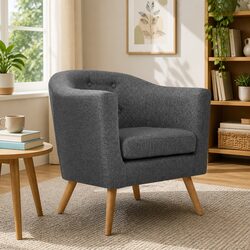 Grey Armchair Tub Chair Tufted Upholstered Lounge Seat Wooden Frame Foam Padding