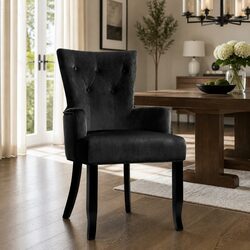 Concise Black Velvet Armchair with Wooden Legs