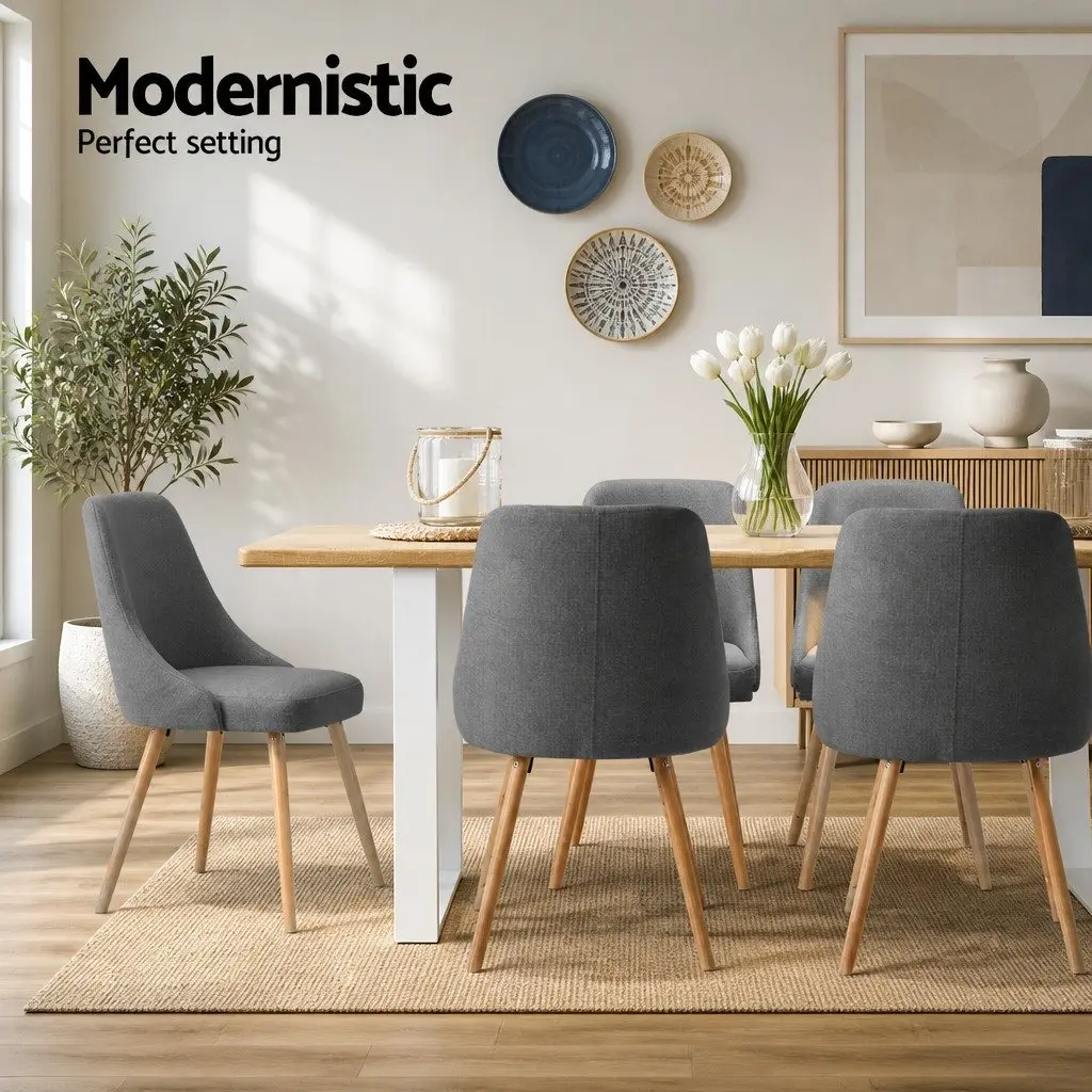 Dining Chairs Set of 2 Grey Fabric Wooden Frame Kitchen Seating Retro Design
