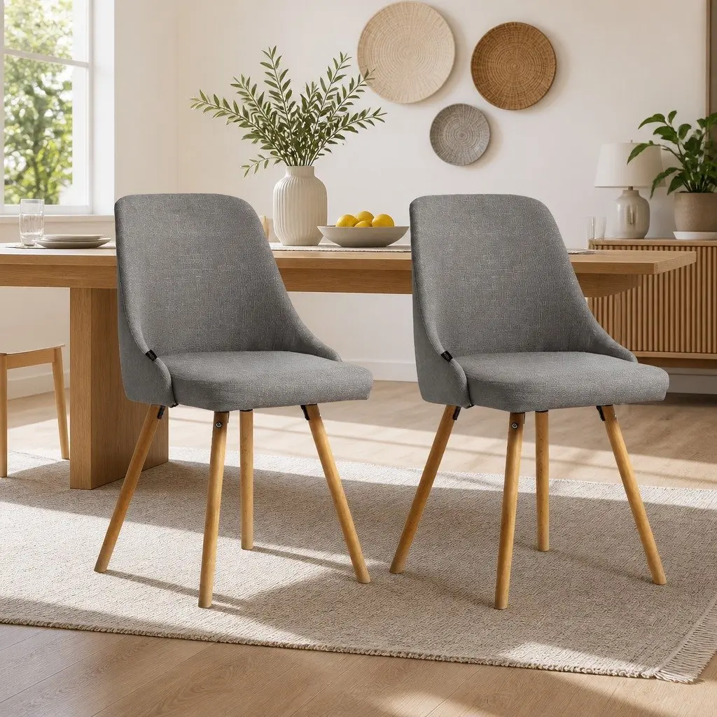 Dining Chairs Set of 2 Grey Fabric Wooden Frame Kitchen Seating Retro Design