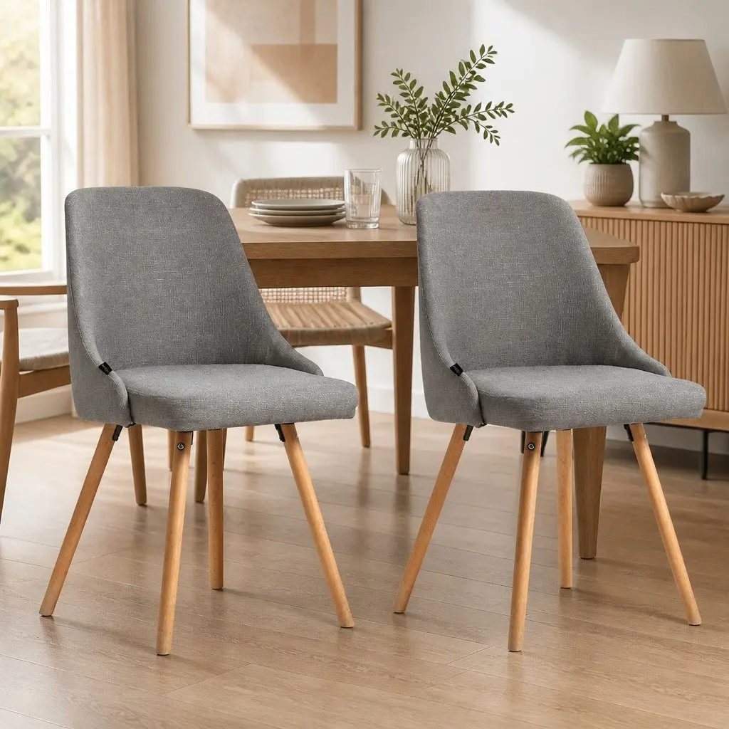 Dining Chairs Set of 2 Grey Fabric Wooden Frame Kitchen Seating Retro Design
