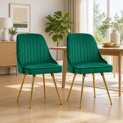 Dining Chairs Set of 2 Velvet Channel Tufted Green Scallop Shell Back Metal Legs