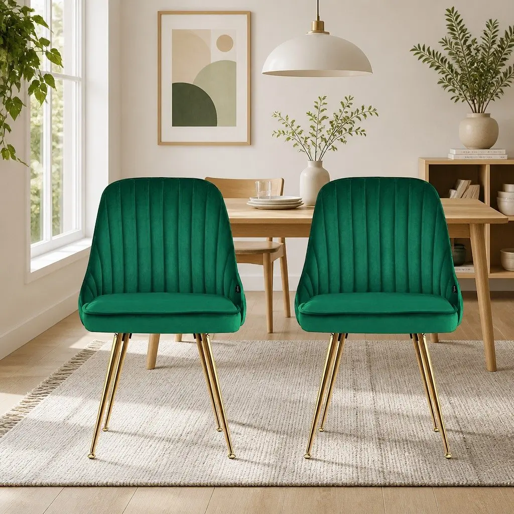 Dining Chairs Green Velvet Channel Tufted Scallop Shell Back Metal Legs Set of 2