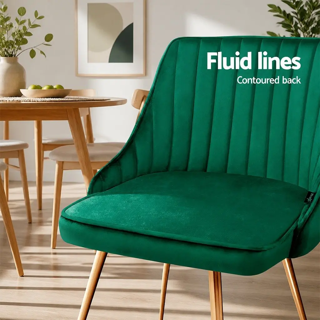 Dining Chairs Green Velvet Channel Tufted Scallop Shell Back Metal Legs Set of 2