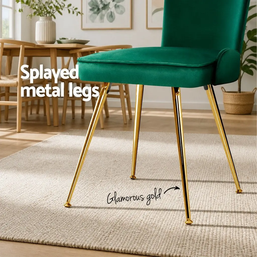 Dining Chairs Green Velvet Channel Tufted Scallop Shell Back Metal Legs Set of 2