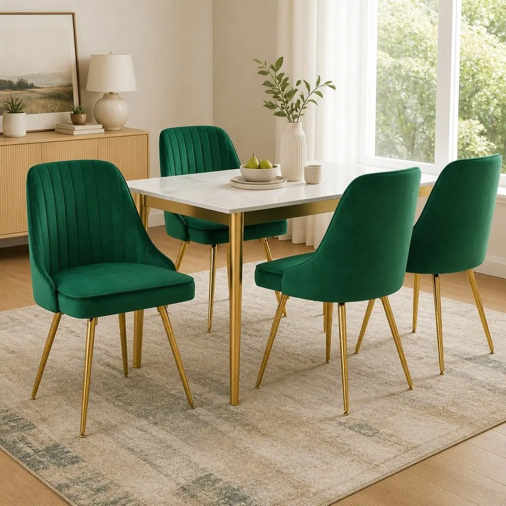 Dining Chairs Green Velvet Channel Tufted Scallop Shell Back Metal Legs 4 Piece