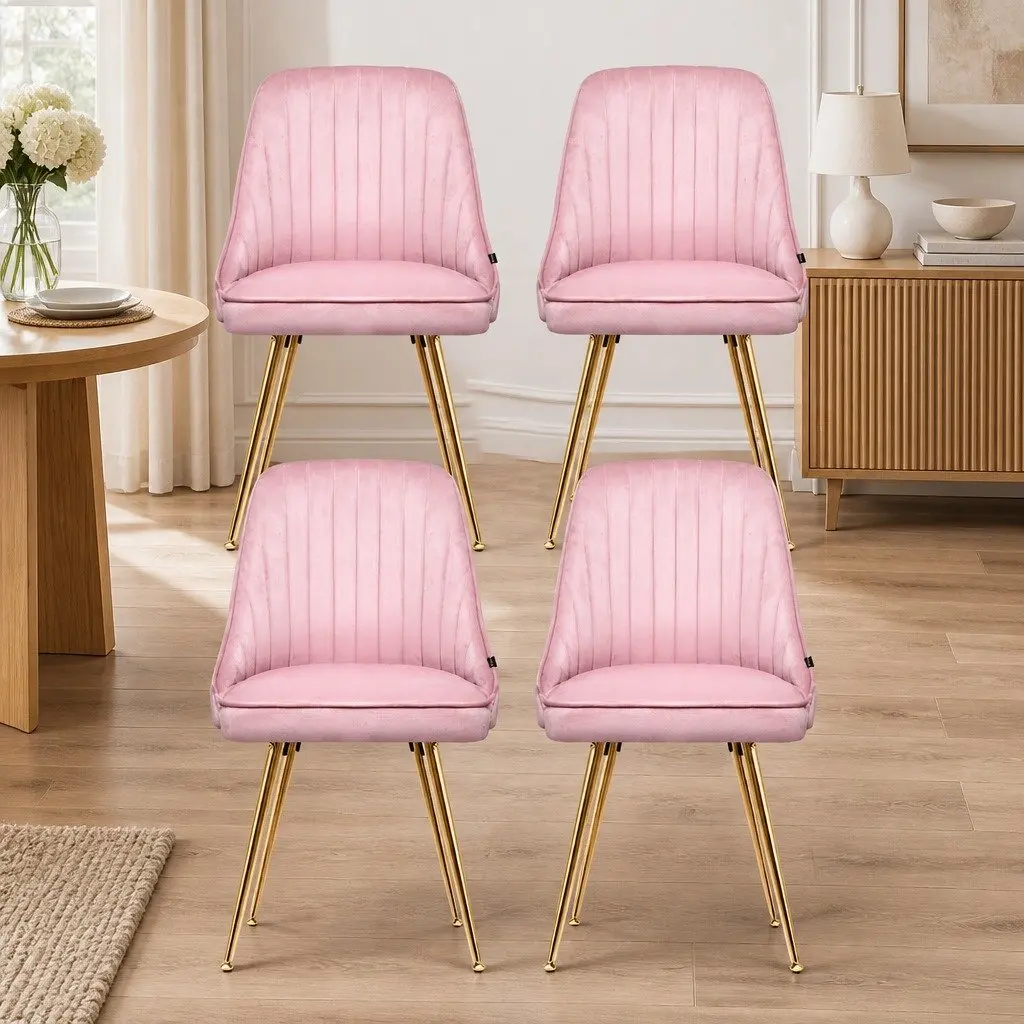Dining Chairs Pink Velvet Channel Tufted Scallop Shell Back Metal Legs 4 Piece