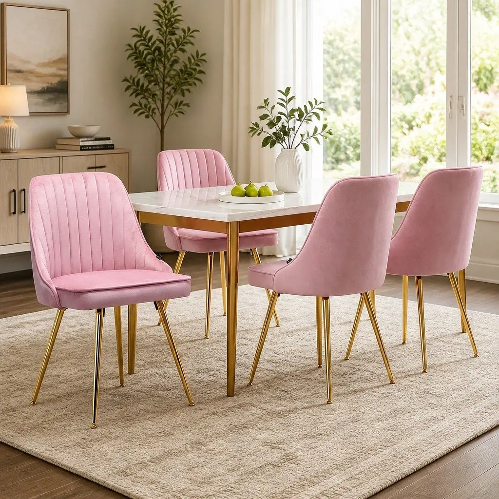 Dining Chairs Pink Velvet Channel Tufted Scallop Shell Back Metal Legs 4 Piece