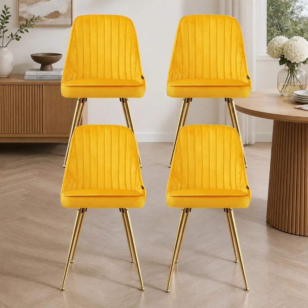 Dining Chairs Yellow Velvet 4 Piece Channel Tufted Scallop Shell Back