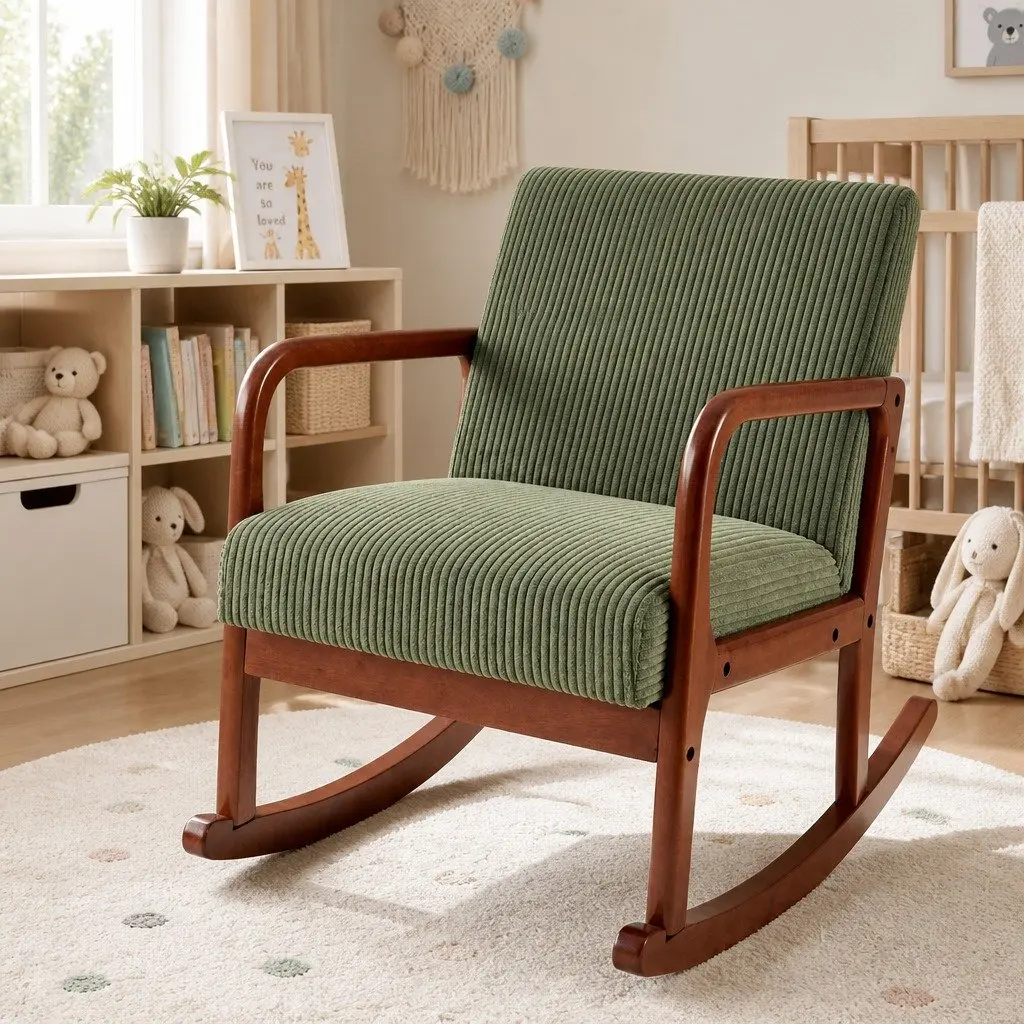 Armchair Green Corduroy Modern Scandinavian Style Rocking Motion