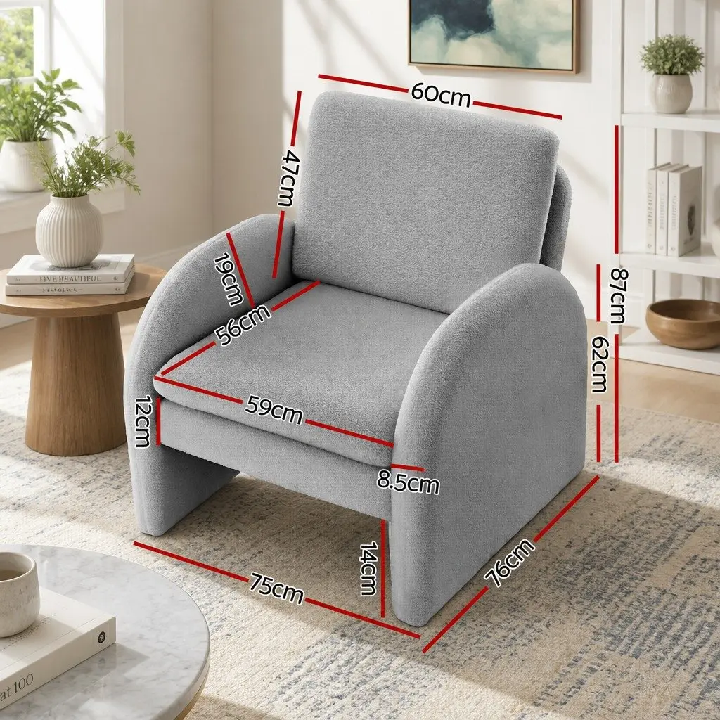 Accent Armchair Grey Boucle Curved Arm Thick Cushions Pine Wood Frame