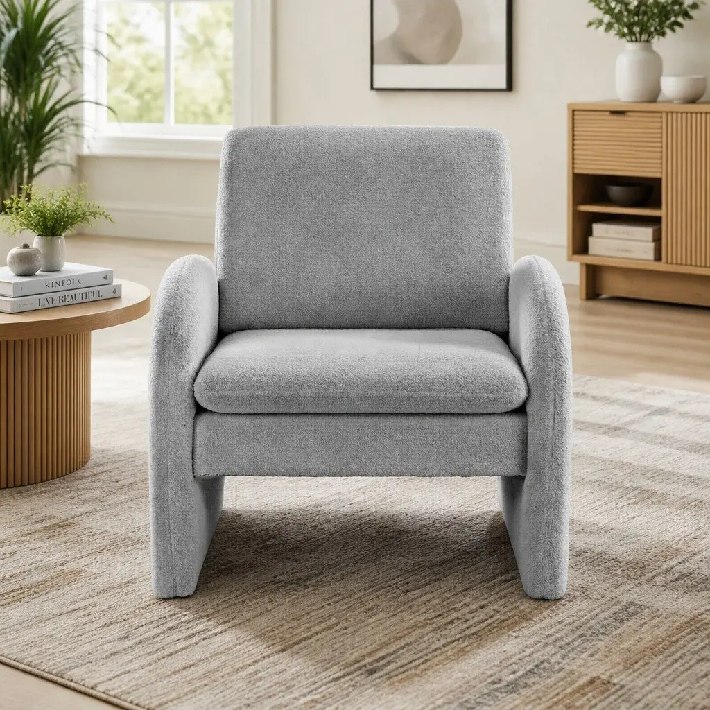 Accent Armchair Grey Boucle Curved Arm Thick Cushions Pine Wood Frame