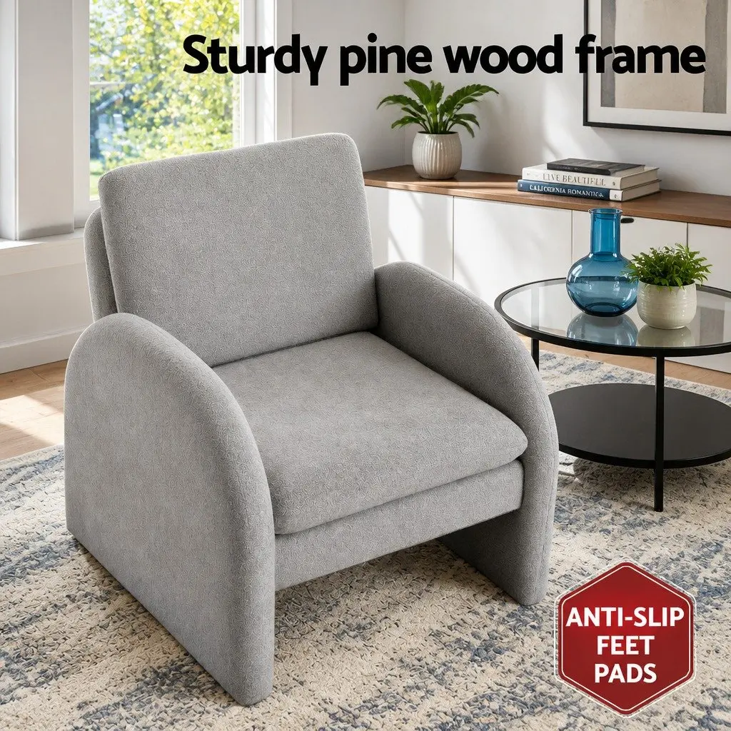 Accent Armchair Grey Boucle Curved Arm Thick Cushions Pine Wood Frame