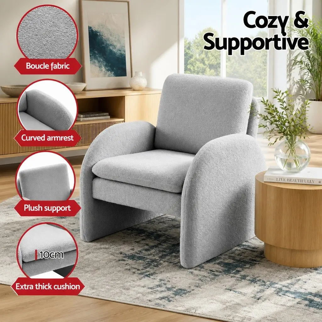 Accent Armchair Grey Boucle Curved Arm Thick Cushions Pine Wood Frame