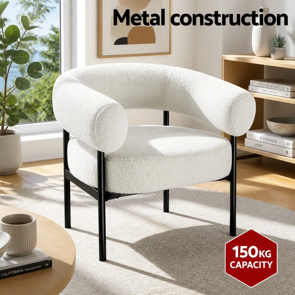 Armchair Accent Chair Curved Boucle White Modern Living Room Seating