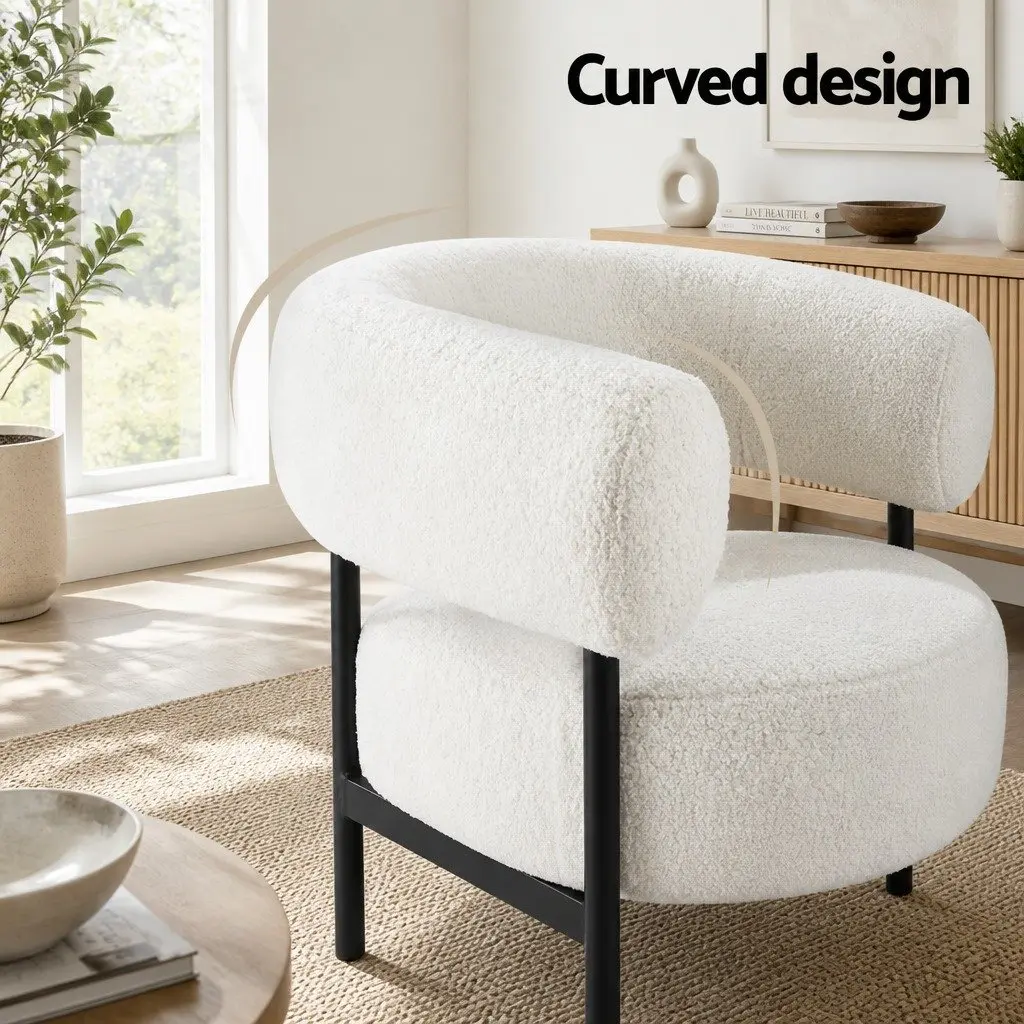 Armchair Accent Chair Curved Boucle White Modern Living Room Seating