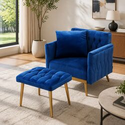 Compact Blue Velvet Armchair with Ottoman