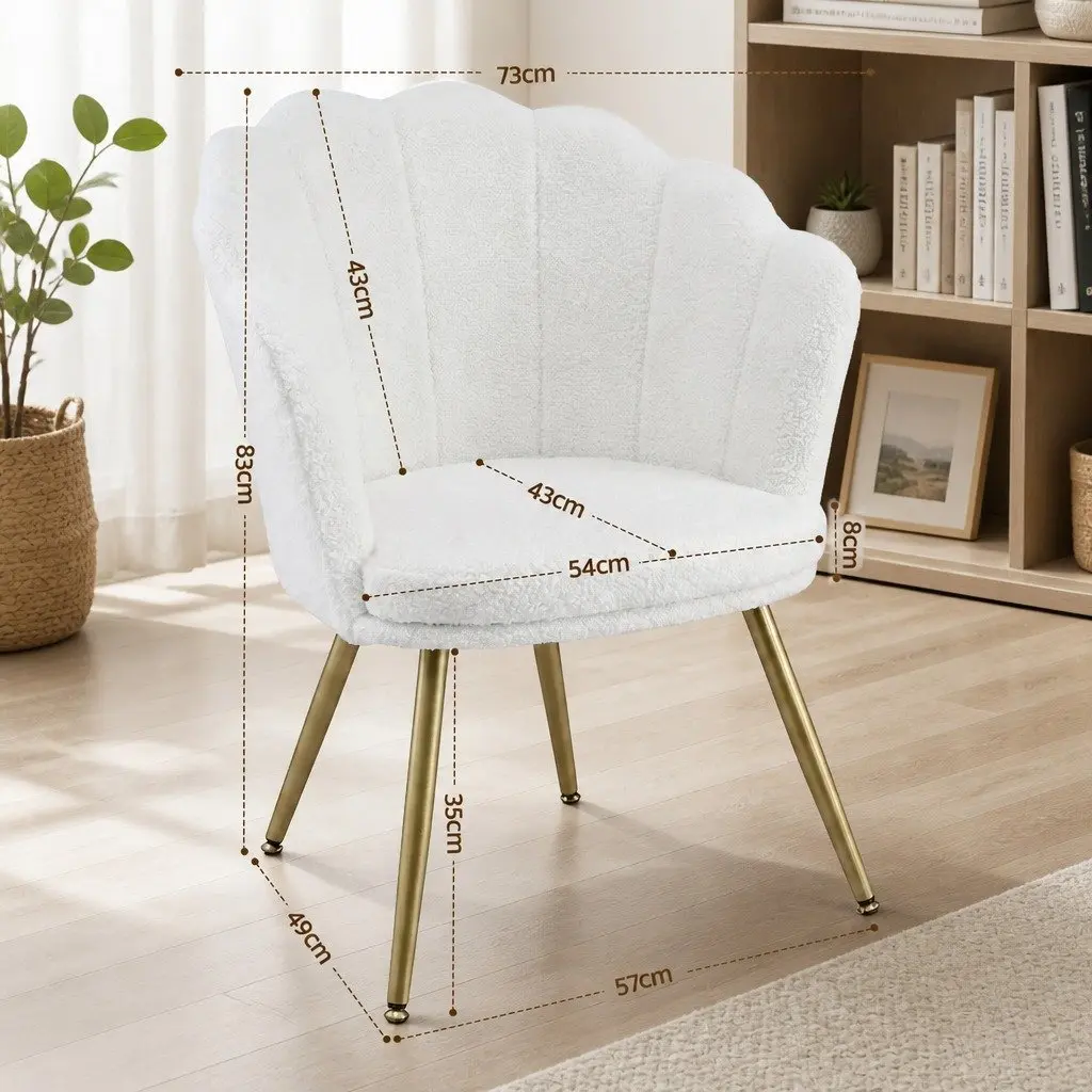 Armchair Teddy Fleece White Shell Back Accent Chair Wooden Frame Metal Legs