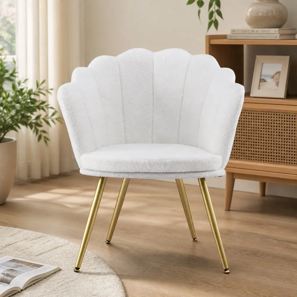 Armchair Teddy Fleece White Shell Back Accent Chair Wooden Frame Metal Legs