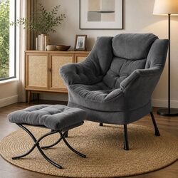 Armchair Accent Chair Ottoman Lounge Velvet Grey Footrest Upholstered Seat Set