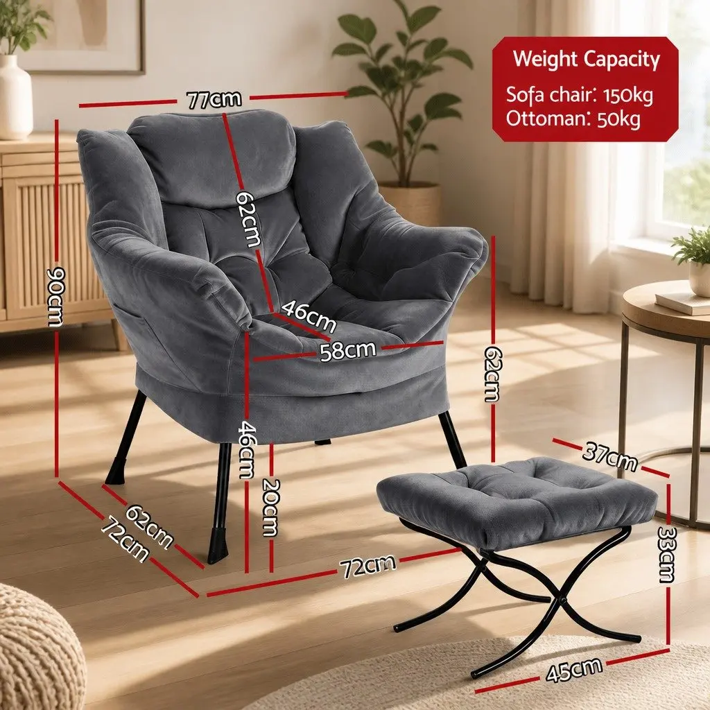Velvet Armchair Grey with Ottoman Footrest Ergonomic Head Pillow