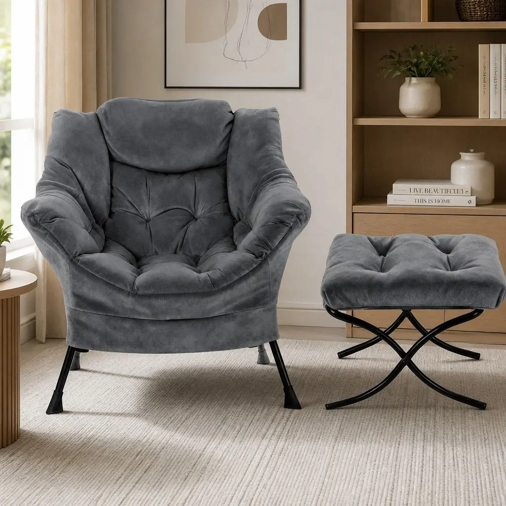 Velvet Armchair Grey with Ottoman Footrest Ergonomic Head Pillow
