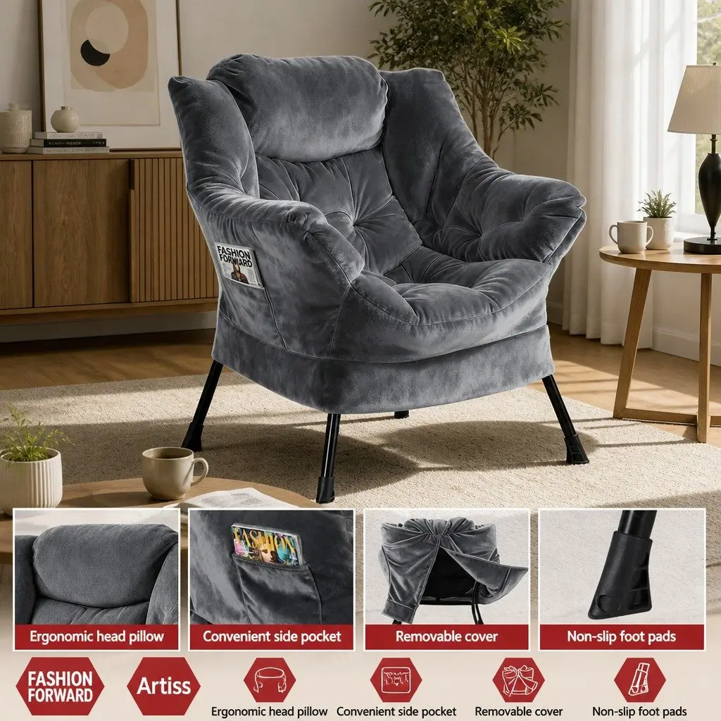 Velvet Armchair Grey with Ottoman Footrest Ergonomic Head Pillow