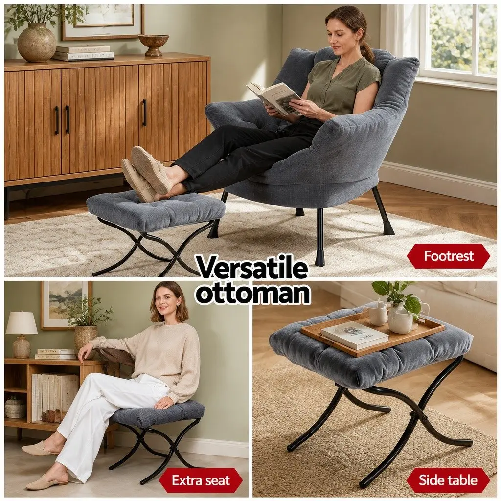 Velvet Armchair Grey with Ottoman Footrest Ergonomic Head Pillow
