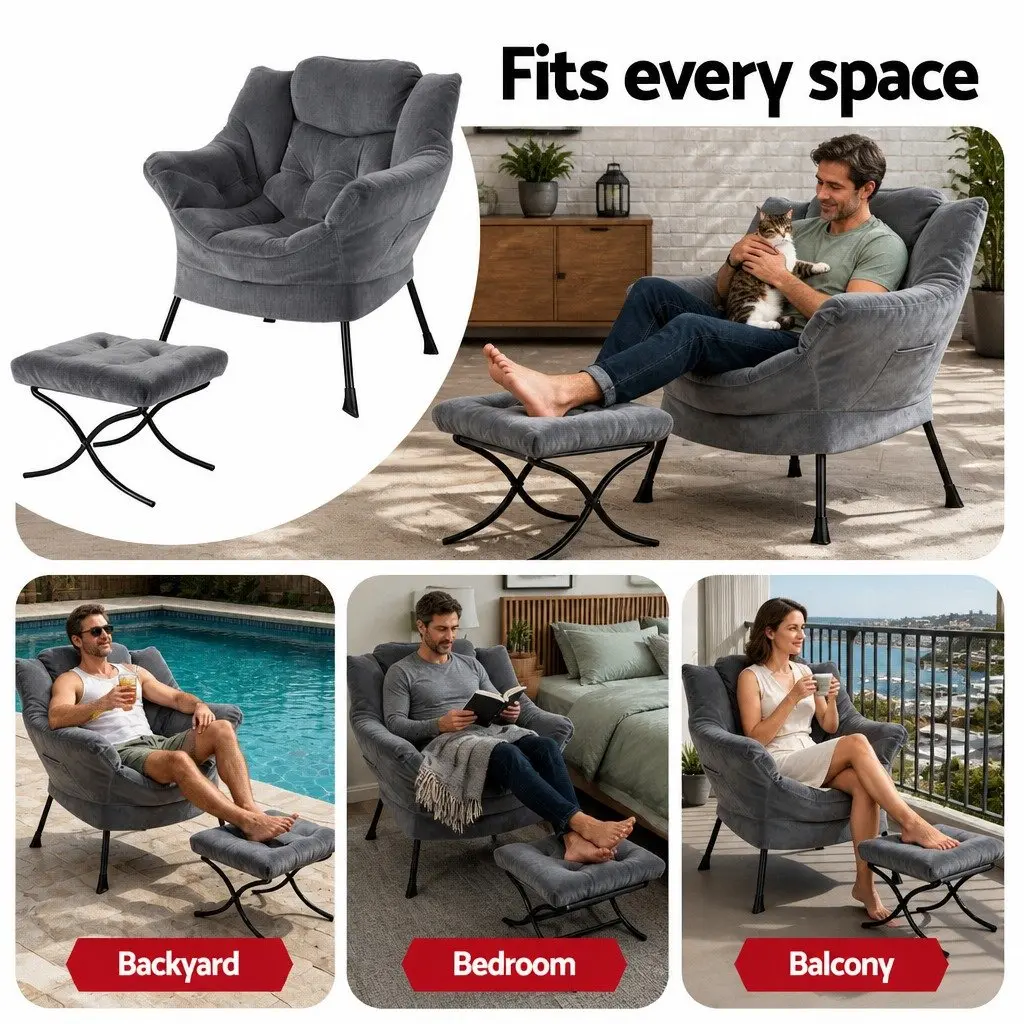 Velvet Armchair Grey with Ottoman Footrest Ergonomic Head Pillow
