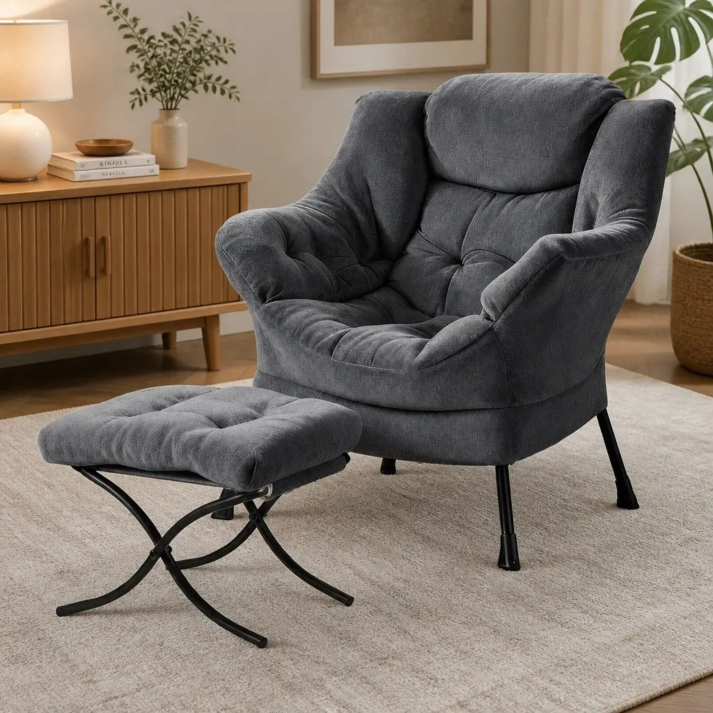 Velvet Armchair Grey with Ottoman Footrest Ergonomic Head Pillow