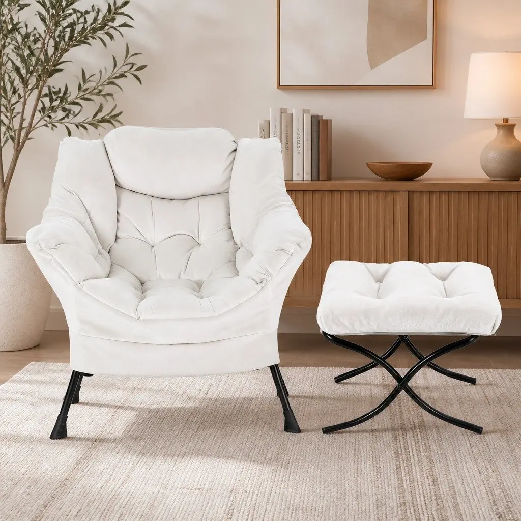 Armchair Accent Chair with Ottoman Footrest Lounge Chair Velvet Upholstery Beige