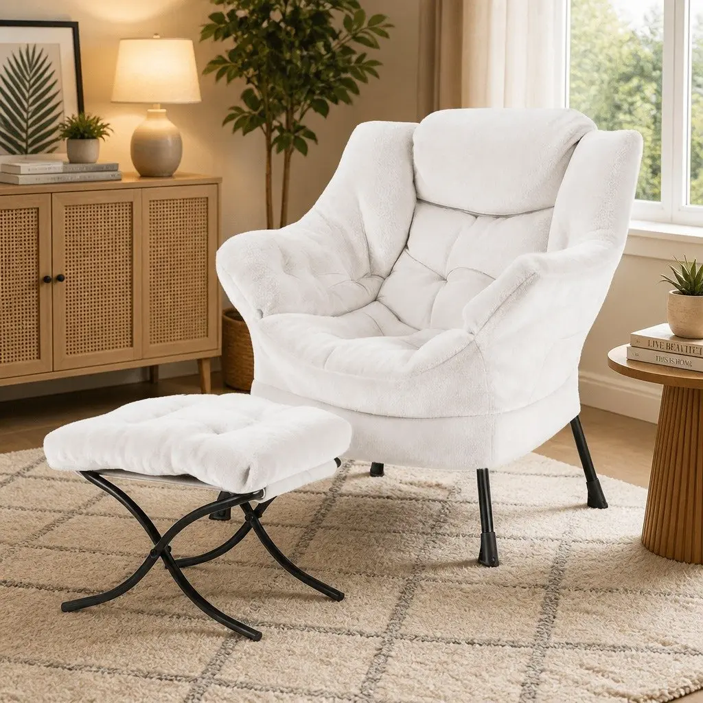 Armchair Accent Chair with Ottoman Footrest Lounge Chair Velvet Upholstery Beige