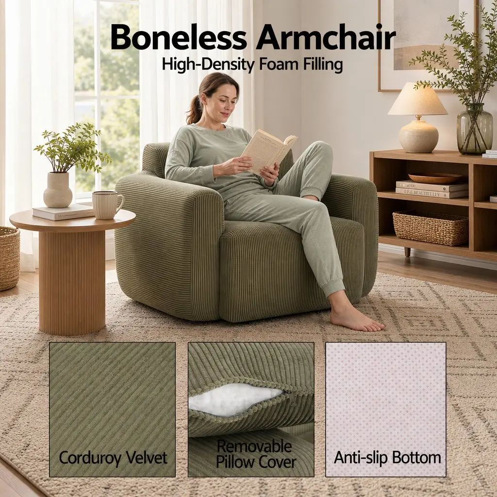 Armchair Sofa with Cushion Corduroy Frameless Design No Assembly Green