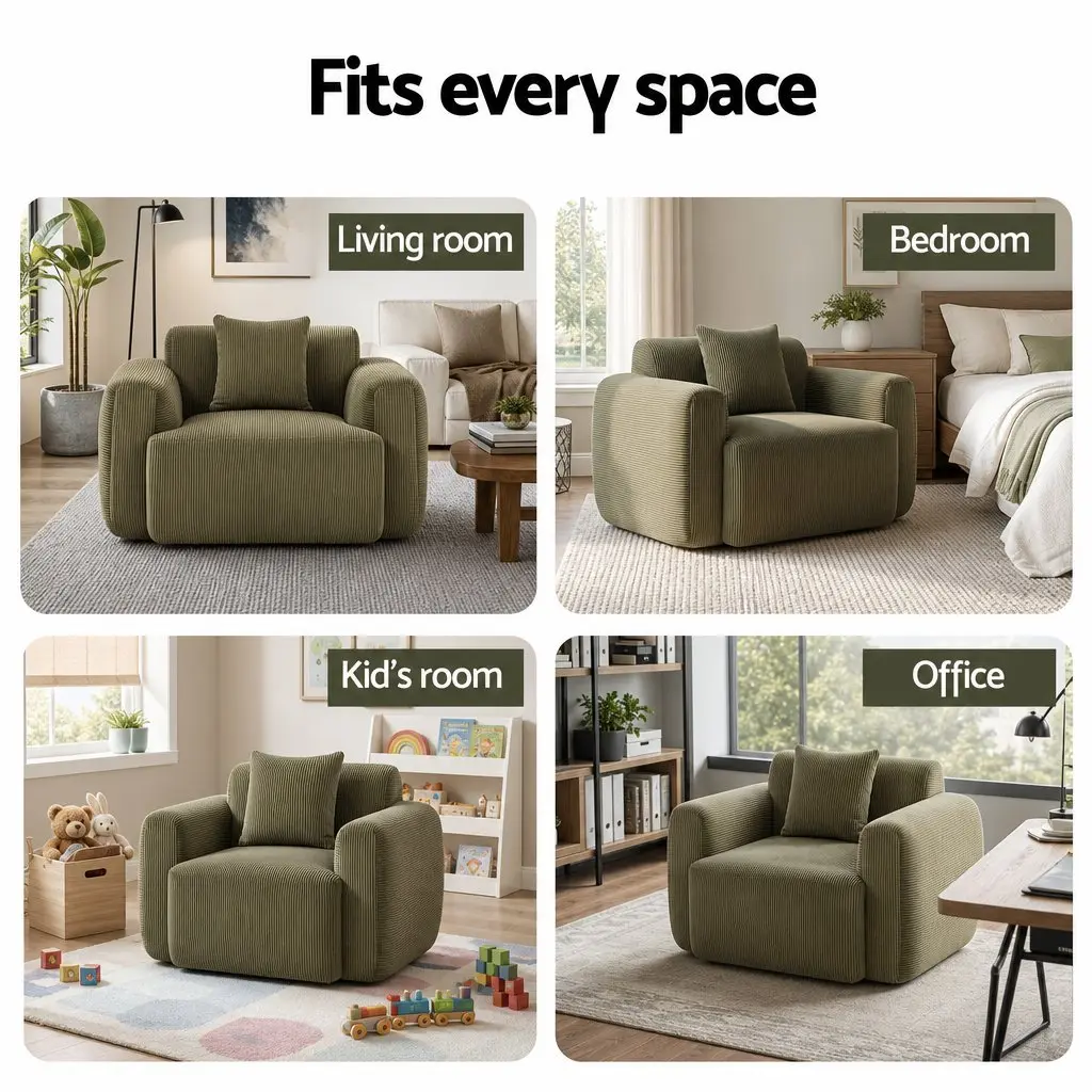 Armchair Sofa with Cushion Corduroy Frameless Design No Assembly Green