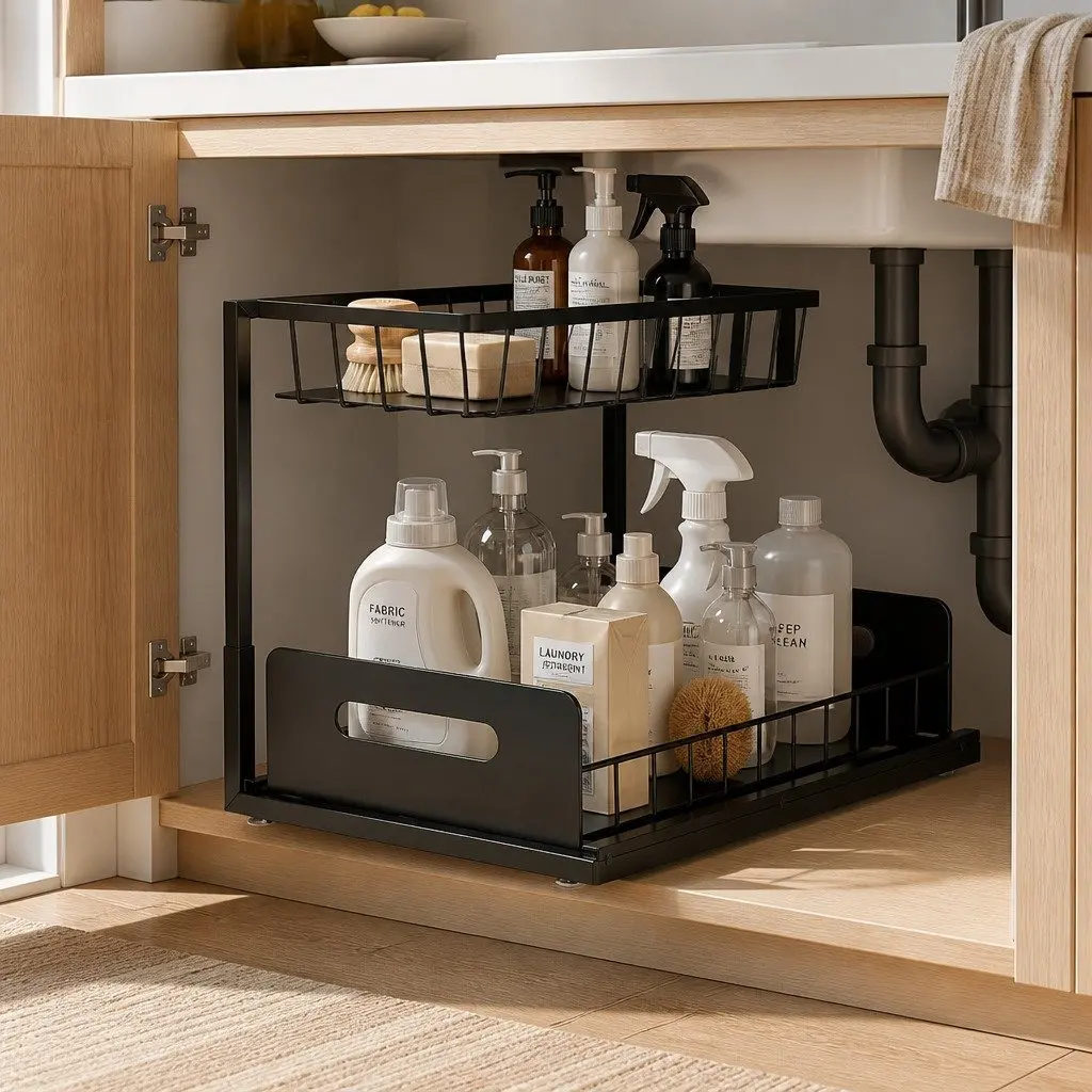 Under Sink Organizer Storage L Shape Pull Out Drawers Kitchen Bathroom Cabinet
