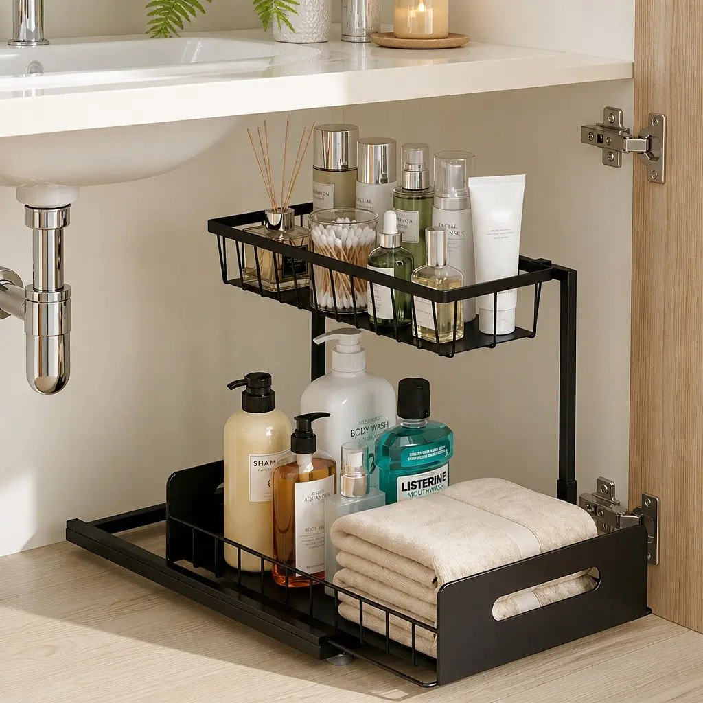 Under Sink Organizer Storage L Shape Pull Out Drawers Kitchen Bathroom Cabinet
